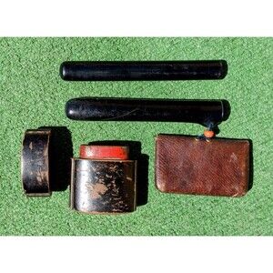 Japanese Antique Leather Tobacco Bat Clasp Pouch+Pipe Holder+Wood Container GUC